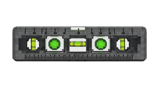 Pixelated level tool with green vials and ruler markings