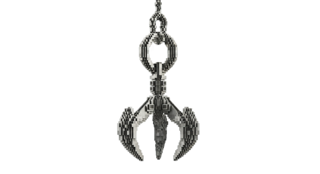 Pixelated mechanical object with red gem on black background