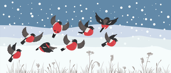 vector drawing winter landscape with snow, dry grass and flying birds of bullfinch, hand drawn illustration,cover background