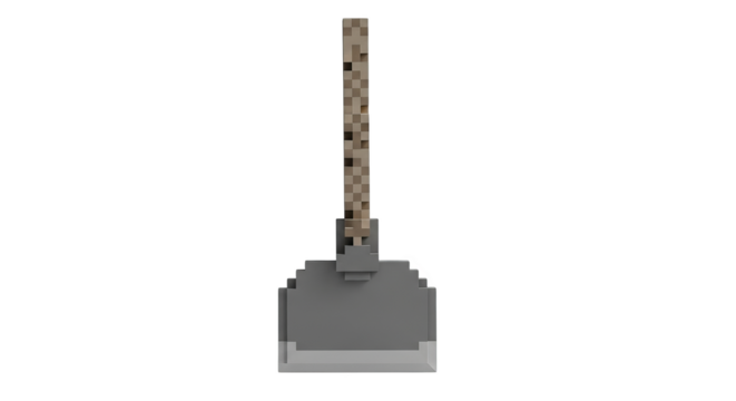 Pixelated shovel with a wooden handle against a black background