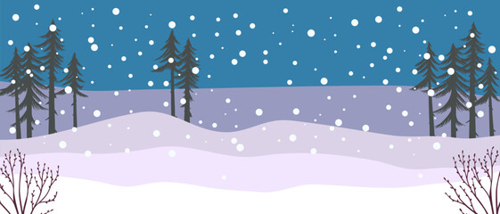 vector drawing winter landscape with snow and trees, hand drawn illustration,cover background