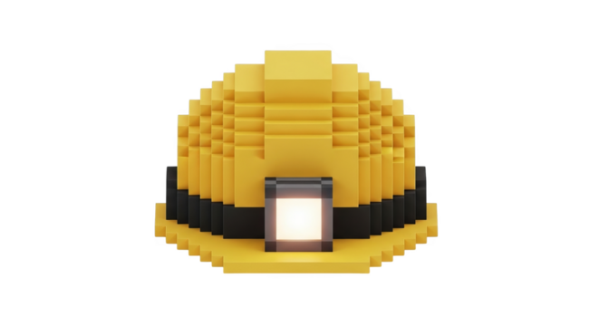 Pixelated yellow hard hat with a front lamp
