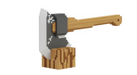 Voxel axe embedded in a wooden block