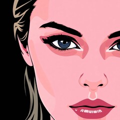 Enigmatic Gaze: A striking close-up captures a woman's face, rendered in bold, modern graphic style, her eyes hold an intriguing intensity, the composition is clean and impactful.