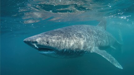 Fototapeta premium A Greenland shark glides through clear, cold Arctic waters, showcasing its unique features and smooth movements. The tranquil environment enhances the underwater experience.