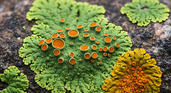 Vibrant green foliose lichen with bright orange fruiting bodies (apothecia) growing on a textured dark rock, showcasing intricate natural patterns and vivid biological diversity in a detailed macro vi