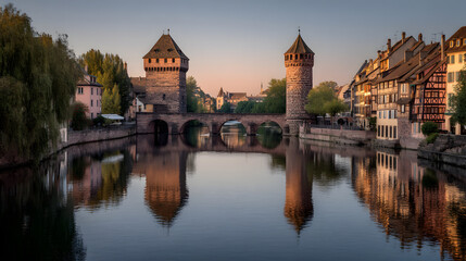 Scenic Twilight View of Historic Buildings and Reflection in Water at the Ponts in Nuremberg, Germany