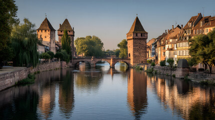 Naklejka premium Stunning Detailed Editorial Photograph of the Scenic Ponts over the Serene Waterway in a European Town at Sunrise
