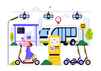 Fototapeta premium Smart Public Transport System Illustration Featuring Mobile Tracking Interface, Bus, and Urban Area GPS Map Navigation with Cloud Computing Technology