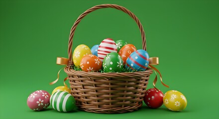 A wicker basket overflowing with colorful, decorated Easter eggs, on a green backdrop.