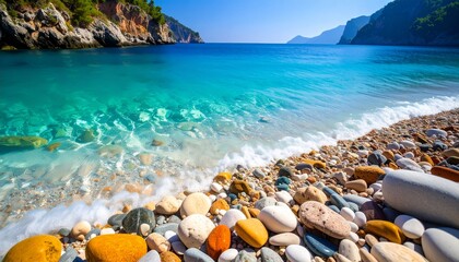 Stunning turquoise bay with clear water and colorful pebble beach, framed by dramatic cliffs under a bright blue sky.