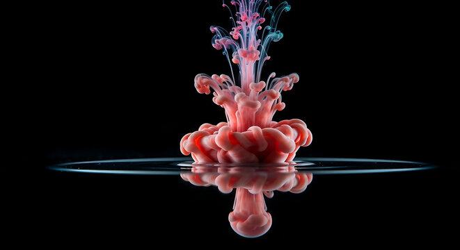 Vibrant red and blue ink swirling dynamically in clear water against a dark black background, forming an abstract ethereal liquid explosion with a sharp reflection, perfect for fluid motion, science,