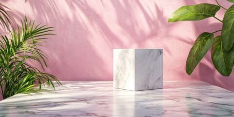 A marble cube with a pink background and green palm leaves, casting shadows on the surface.
