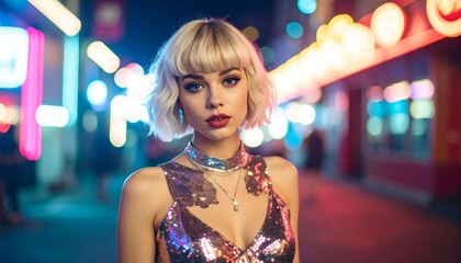 Chic woman glitters at night