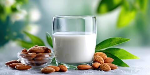Glass of Almond Milk With Almonds and Greenery, Promoting Healthy Lifestyle and Natural Nutrition, Ideal for Wellness Content and Dietary Awareness Campaigns : Generative AI