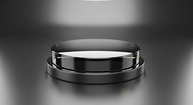 A 3D rendering of a round, metallic button on a reflective surface, illuminated by soft light