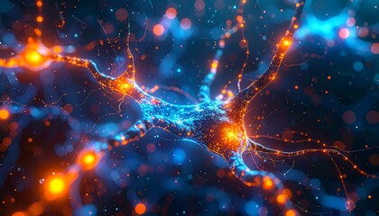 Obraz premium neurons and synapses under microscope, glowing orange and blue