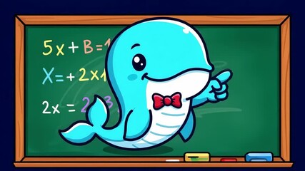 Playful illustration depicts a charming blue creature with a red bow tie, pointing with a finger, near a chalkboard containing mathematical equations on a dark background, suggesting learning. - Powered by Adobe