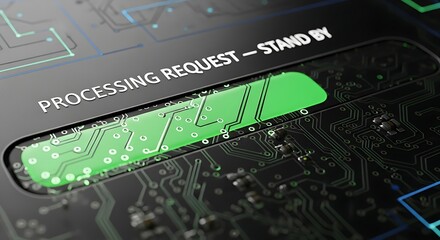 Dynamic digital display shows 'PROCESSING REQUEST - STAND BY' with glowing green progress bar and intricate circuit board patterns, representing data, technology, and waiting.