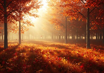 Autumnal forest sunrise scene