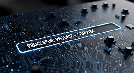 Dynamic glowing circuit board displays 'PROCESSING REQUEST - STAND BY' in futuristic neon blue light, symbolizing data flow and technological waiting states.