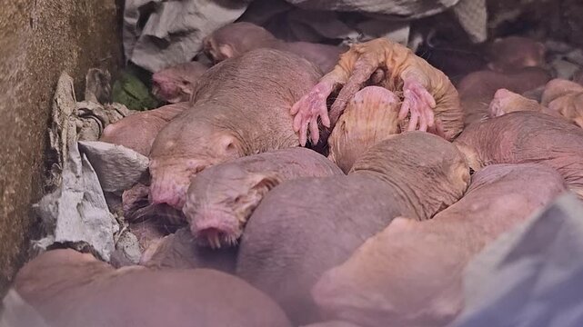 Close up view of piled up naked mole rates resting together