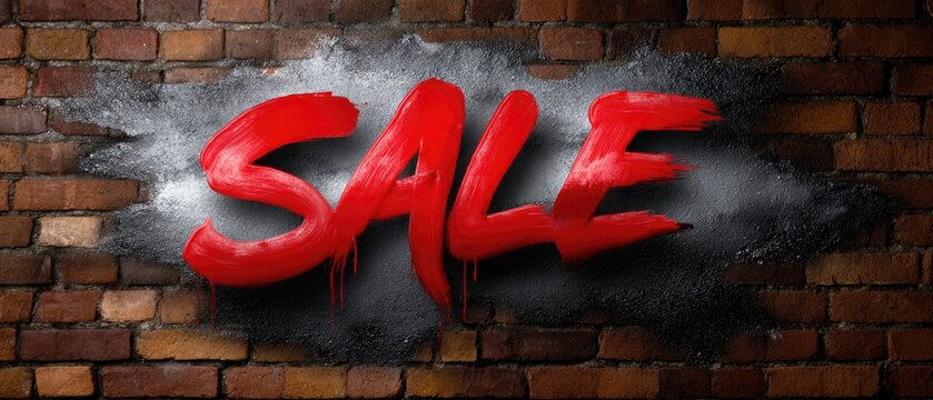 Bold graffiti-style text reads "SALE" on a textured brick wall, emphasizing discount offers in an urban context.
