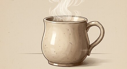 Steaming rustic ceramic mug illustration. Hand-drawn hot beverage cup with warm steam on a beige background, symbolizing comfort.