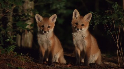 Fototapeta premium Two young fox kits sit side by side in a dimly lit forest, their bright orange fur glowing in the twilight. They scan their surroundings with curiosity, embodying youthful energy.