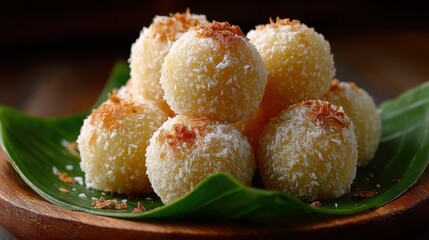 Pile of Coconut Balls on Green Leaf Plate, Representing Culinary Tradition and Sweet Indulgence for Food Bloggers and Recipe Developers : Generative AI