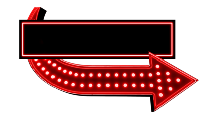 Retro curving arrow pointing to the right, illuminated by row of glowing red marquee bulbs. Arrow has a deep red body and subtle black outline. Black sign area is blank space for message