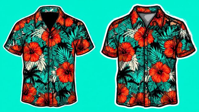 Two illustrated shirts featuring tropical floral patterns with vibrant red hibiscus flowers and green foliage, creating a summery and exotic style, presented against a light blue background.