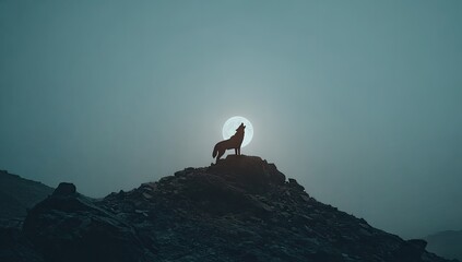Silhouette of a wolf howling at the moon on a mountaintop.