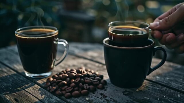 Coffee Still Life with Steam and Rustic Wood