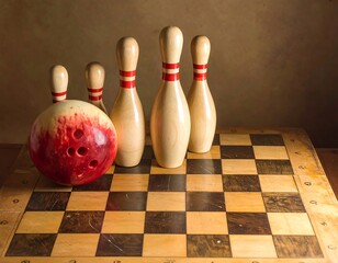 Bowling Pins on Checkered Tabletop.