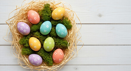 Colorful pastel Easter eggs with painted flowers in a natural nest with moss on a white wood table background. Top view flat lay for spring holiday celebration with copy space.