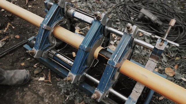 Plastic pipe welding equipment in operation. Joining two pipe sections. The installation process for yellow plastic gas pipes.