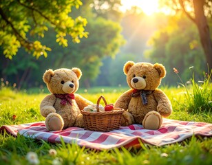 Teddy bears enjoying a picnic in a sunny park with cheerful ambiance
