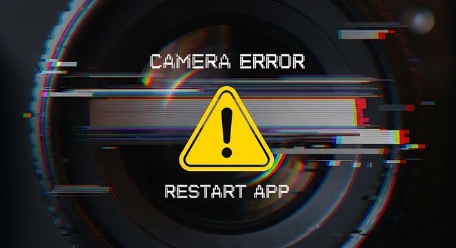 Experiencing technical difficulties with your camera app? A glitchy, glitch art style warning advises users to restart the application.