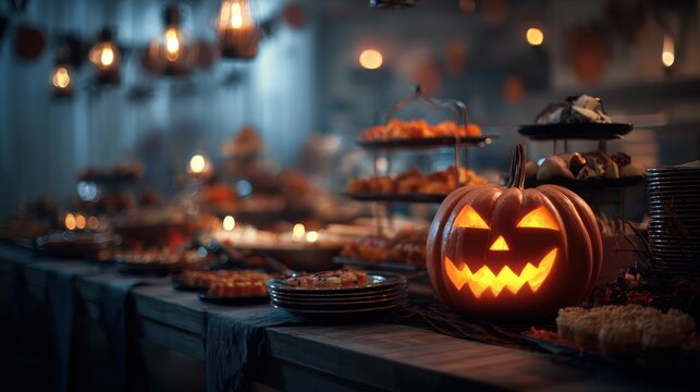 Fototapeta a dimly lit halloween setting featuring a glowing jackolantern amidst a festive buffet with spooky decorations and ambient lighting