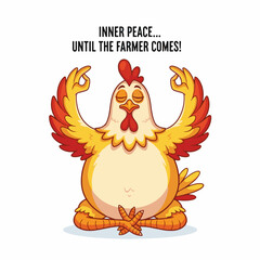 2D flat vector illustration of a gilpy cartoon hen balancing in a lotus yoga pose, wings stretched gracefully upward, eyes closed in serene meditation