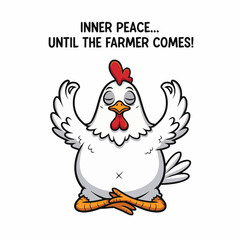 2D flat vector illustration of a gilpy cartoon hen balancing in a lotus yoga pose, wings stretched gracefully upward, eyes closed in serene meditation