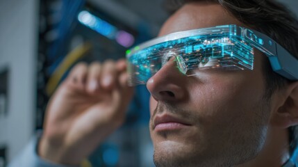 A professional adjusts futuristic glasses in a data center, showcasing advanced technology and augmented reality. The environment is filled with servers, cables, and bright screens.