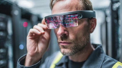 A technician is inspecting augmented reality glasses while working in a data center filled with servers and flashing lights, focusing on innovative technology to enhance efficiency.