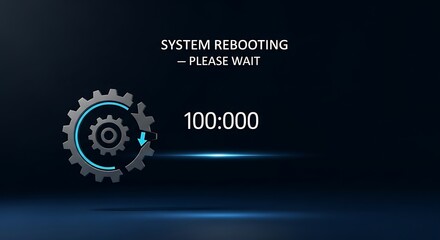 Dynamic system rebooting progress indicator with spinning gears and countdown for technological updates or software installation