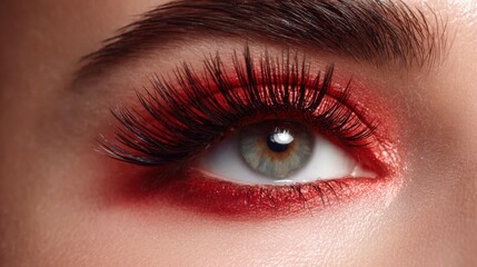 Obraz premium Close-up view of a woman's eye showcasing striking red eyeshadow and long, voluminous eyelashes. The unique makeup creates a captivating look that enhances her natural beauty.
