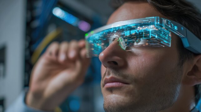 A professional adjusts futuristic glasses in a data center, showcasing advanced technology and augmented reality. The environment is filled with servers, cables, and bright screens. - Powered by Adobe