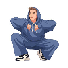2D flat vector illustration of a gilpy teenage boy in oversized streetwear squatting low to the ground, bouncing to the rhythm with both elbows bent outward