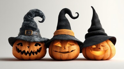 three jackolanterns with witch hat for halloween promotions
