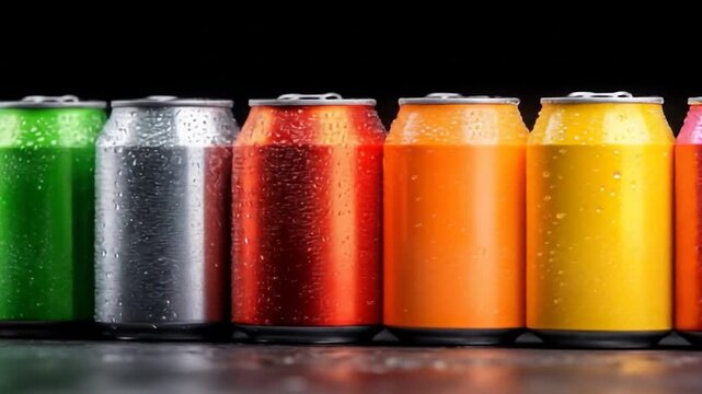 Colorful aluminum drink cans with water droplets on dark background still life